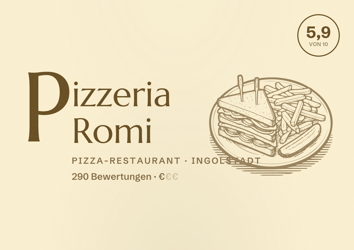 Illustriertes Poster von Pizzeria Romi, Pizza-Restaurant in Ingolstadt: Bewertung 5,9 von 10 aus 290 Bewertungen, Preisniveau €