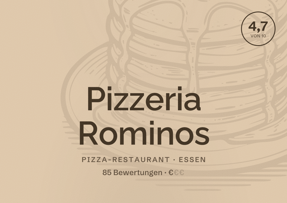 Illustriertes Poster von Pizzeria Rominos, Pizza-Restaurant in Essen: Bewertung 4,7 von 10 aus 85 Bewertungen, Preisniveau €
