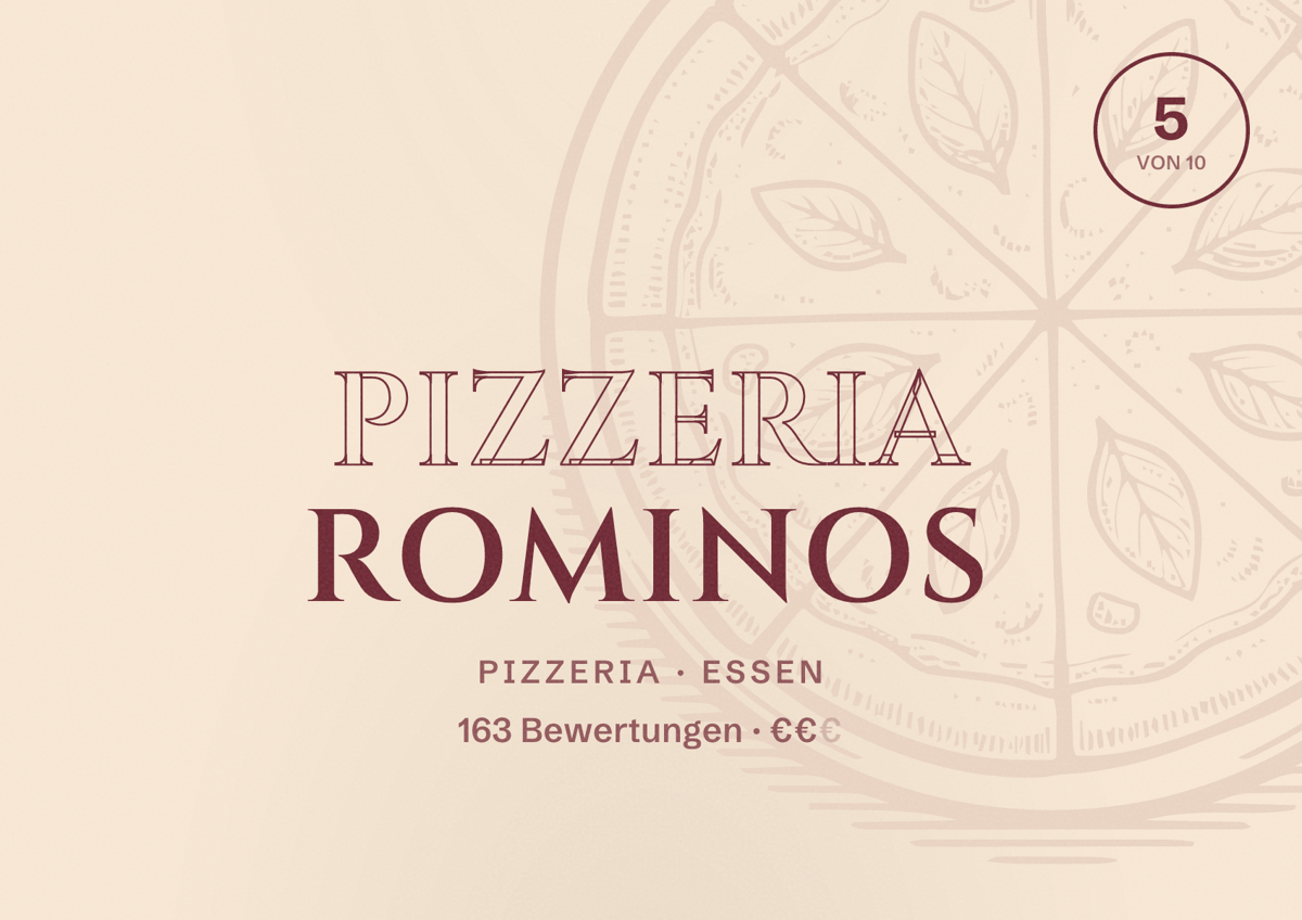 Illustriertes Poster von Pizzeria Rominos, Pizzeria in Essen: Bewertung 5 von 10 aus 163 Bewertungen, Preisniveau €€