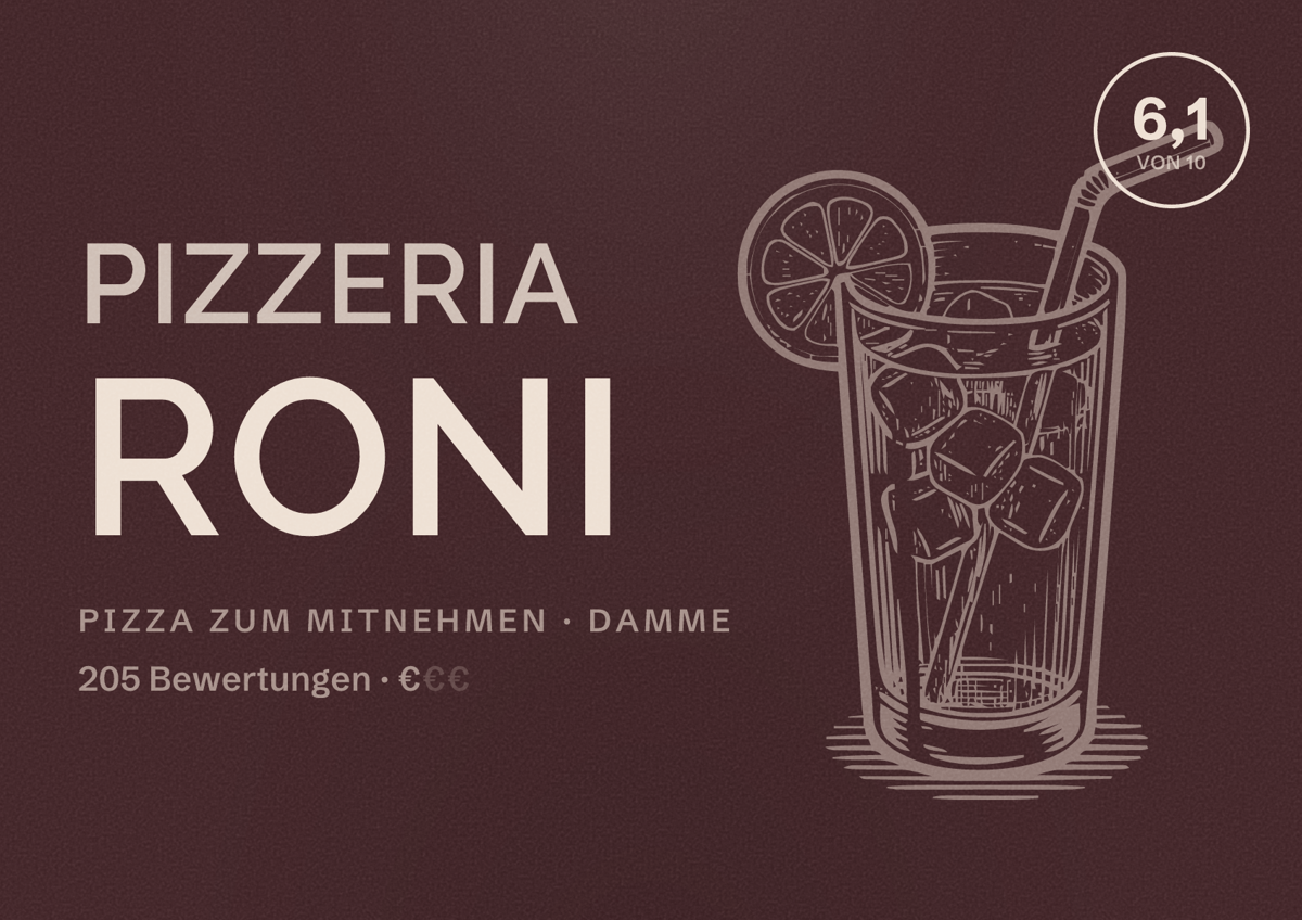 Illustriertes Poster von Pizzeria Roni, Pizza zum Mitnehmen in Damme: Bewertung 6,1 von 10 aus 205 Bewertungen, Preisniveau €