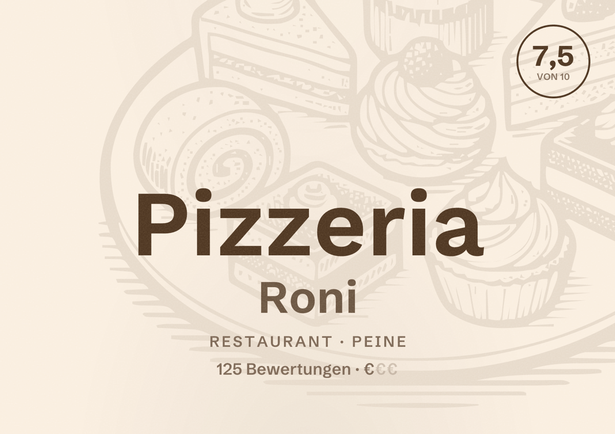 Illustriertes Poster von Pizzeria Roni, Restaurant in Peine: Bewertung 7,5 von 10 aus 125 Bewertungen, Preisniveau €