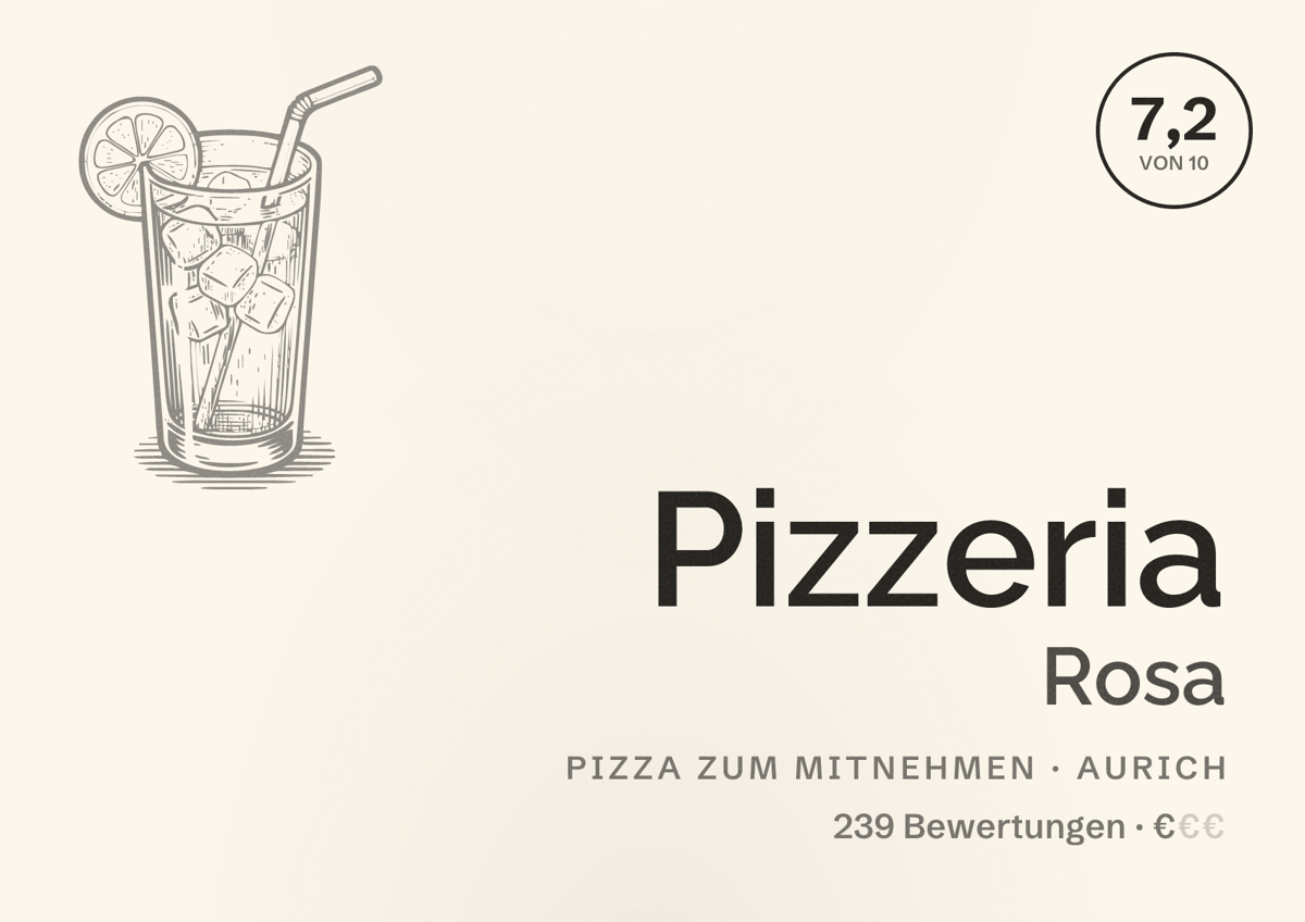 Illustriertes Poster von Pizzeria Rosa, Pizza zum Mitnehmen in Aurich: Bewertung 7,2 von 10 aus 239 Bewertungen, Preisniveau €