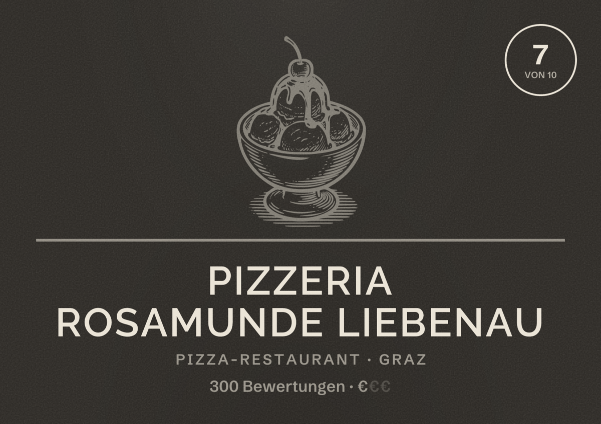 Illustriertes Poster von Pizzeria Rosamunde Liebenau, Pizza-Restaurant in Graz: Bewertung 7 von 10 aus 300 Bewertungen, Preisniveau €