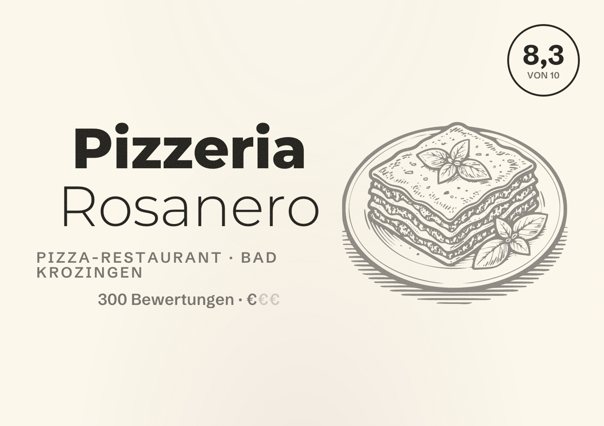 Illustriertes Poster von Pizzeria Rosanero, Pizza-Restaurant in Bad Krozingen: Bewertung 8,3 von 10 aus 300 Bewertungen, Preisniveau €