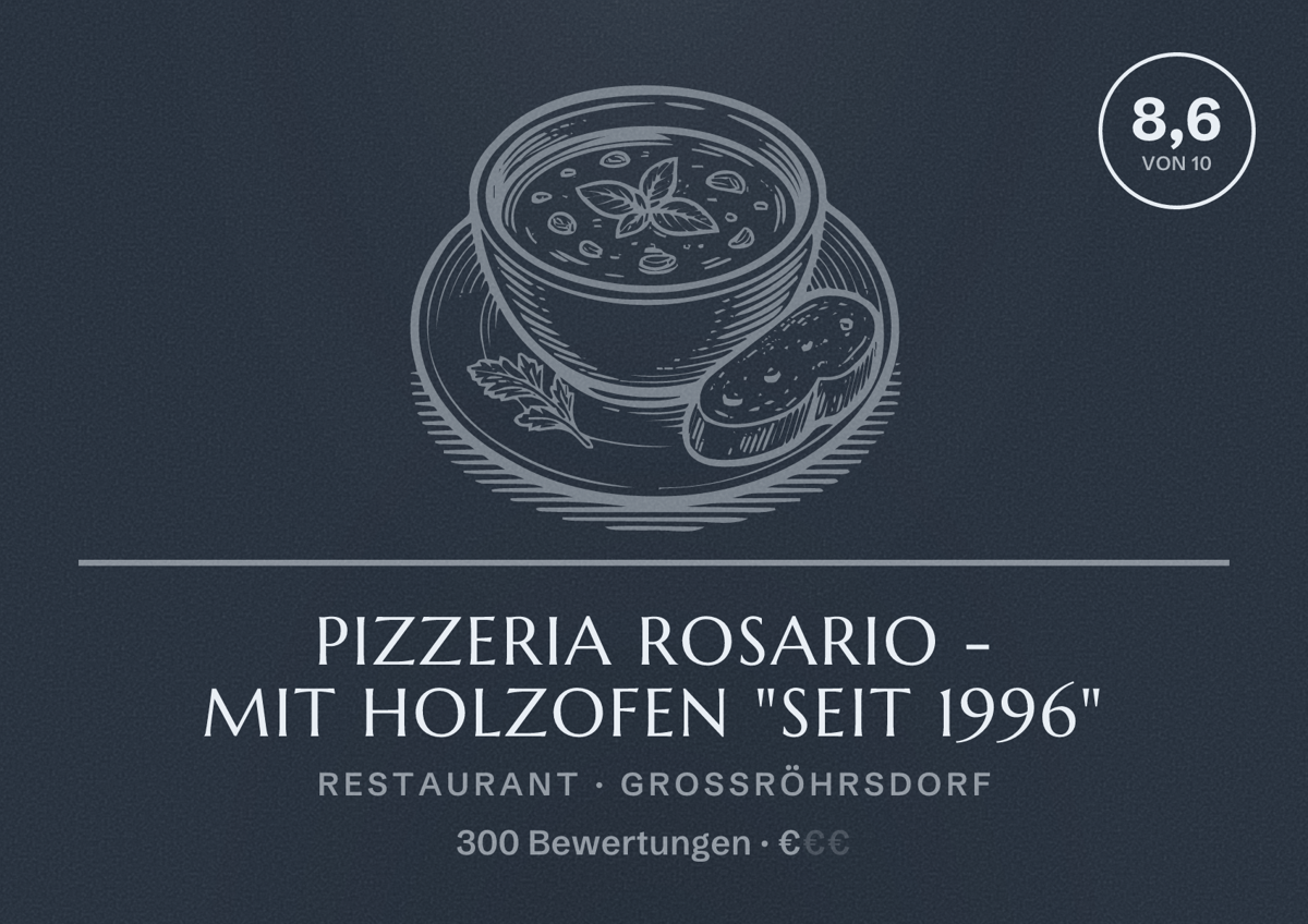 Illustriertes Poster von Pizzeria Rosario - mit Holzofen "Seit 1996", Restaurant in Großröhrsdorf: Bewertung 8,6 von 10 aus 300 Bewertungen, Preisniveau €