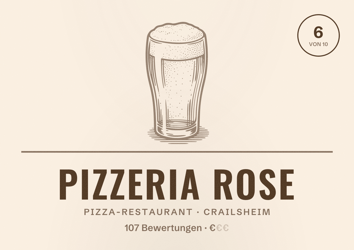 Illustriertes Poster von Pizzeria Rose, Pizza-Restaurant in Crailsheim: Bewertung 6 von 10 aus 107 Bewertungen, Preisniveau €