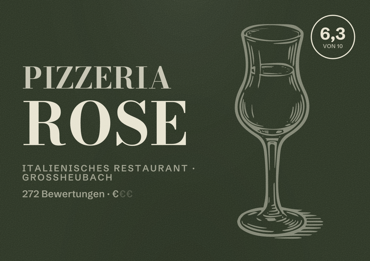 Illustriertes Poster von Pizzeria Rose, Italienisches Restaurant in Großheubach: Bewertung 6,3 von 10 aus 272 Bewertungen, Preisniveau €