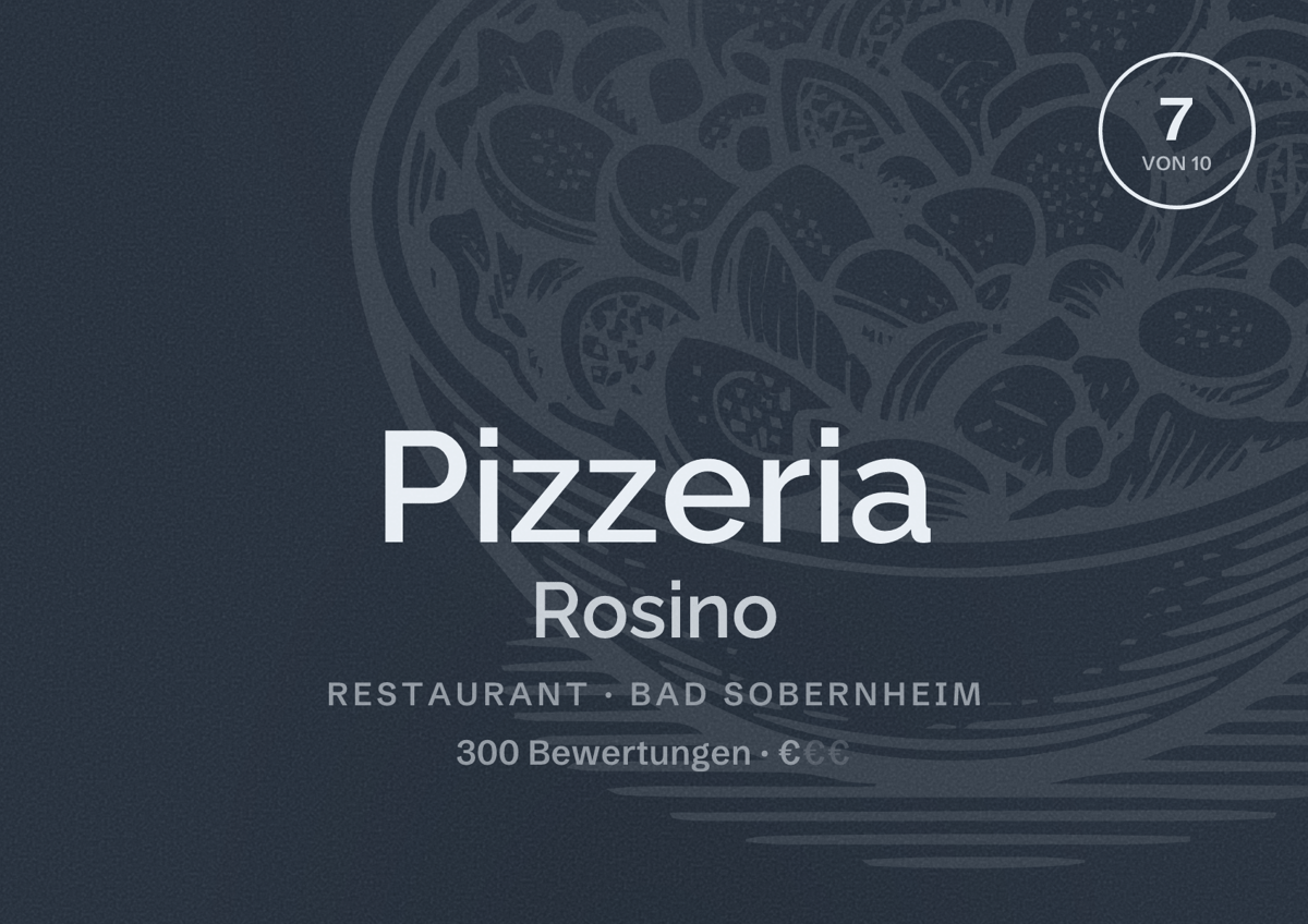 Illustriertes Poster von Pizzeria Rosino, Restaurant in Bad Sobernheim: Bewertung 7 von 10 aus 300 Bewertungen, Preisniveau €