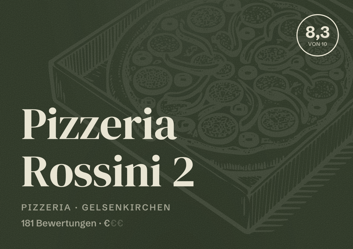 Illustriertes Poster von Pizzeria Rossini 2, Pizzeria in Gelsenkirchen: Bewertung 8,3 von 10 aus 181 Bewertungen, Preisniveau €