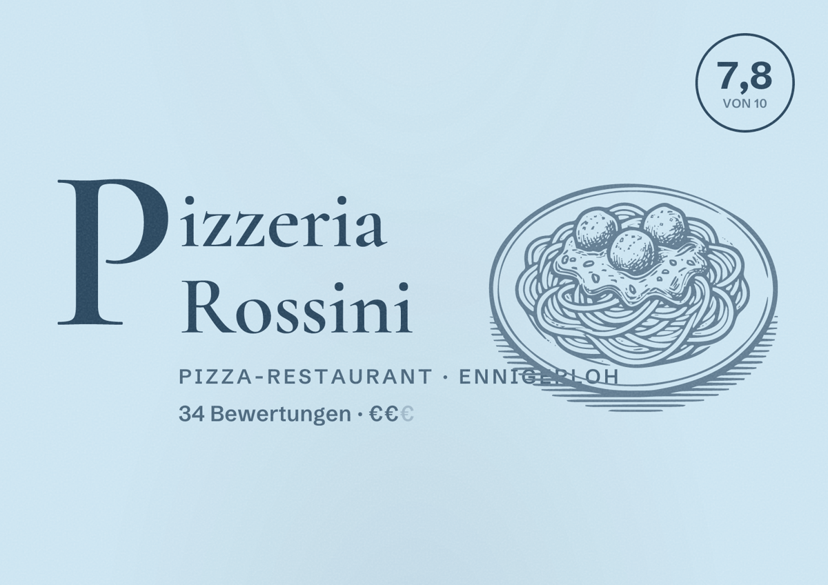 Illustriertes Poster von Pizzeria Rossini, Pizza-Restaurant in Ennigerloh: Bewertung 7,8 von 10 aus 34 Bewertungen, Preisniveau €€