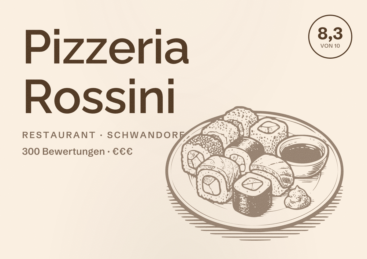 Illustriertes Poster von Pizzeria Rossini, Restaurant in Schwandorf: Bewertung 8,3 von 10 aus 300 Bewertungen, Preisniveau €€€