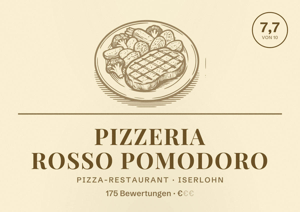 Illustriertes Poster von Pizzeria Rosso Pomodoro, Pizza-Restaurant in Iserlohn: Bewertung 7,7 von 10 aus 175 Bewertungen, Preisniveau €