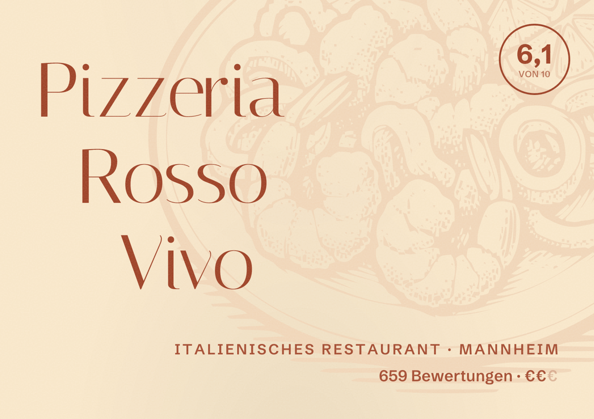 Illustriertes Poster von Pizzeria Rosso Vivo, Italienisches Restaurant in Mannheim: Bewertung 6,1 von 10 aus 659 Bewertungen, Preisniveau €€