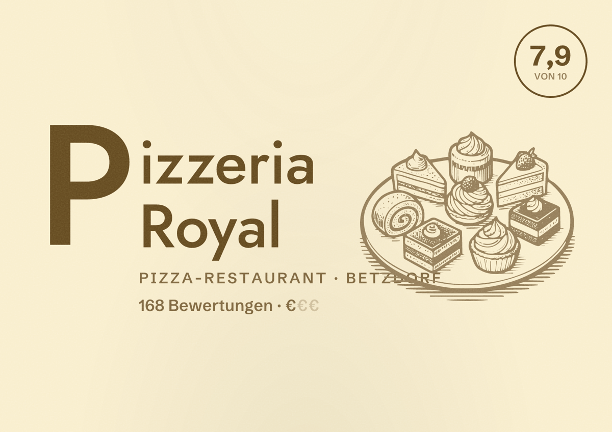 Illustriertes Poster von Pizzeria Royal, Pizza-Restaurant in Betzdorf: Bewertung 7,9 von 10 aus 168 Bewertungen, Preisniveau €