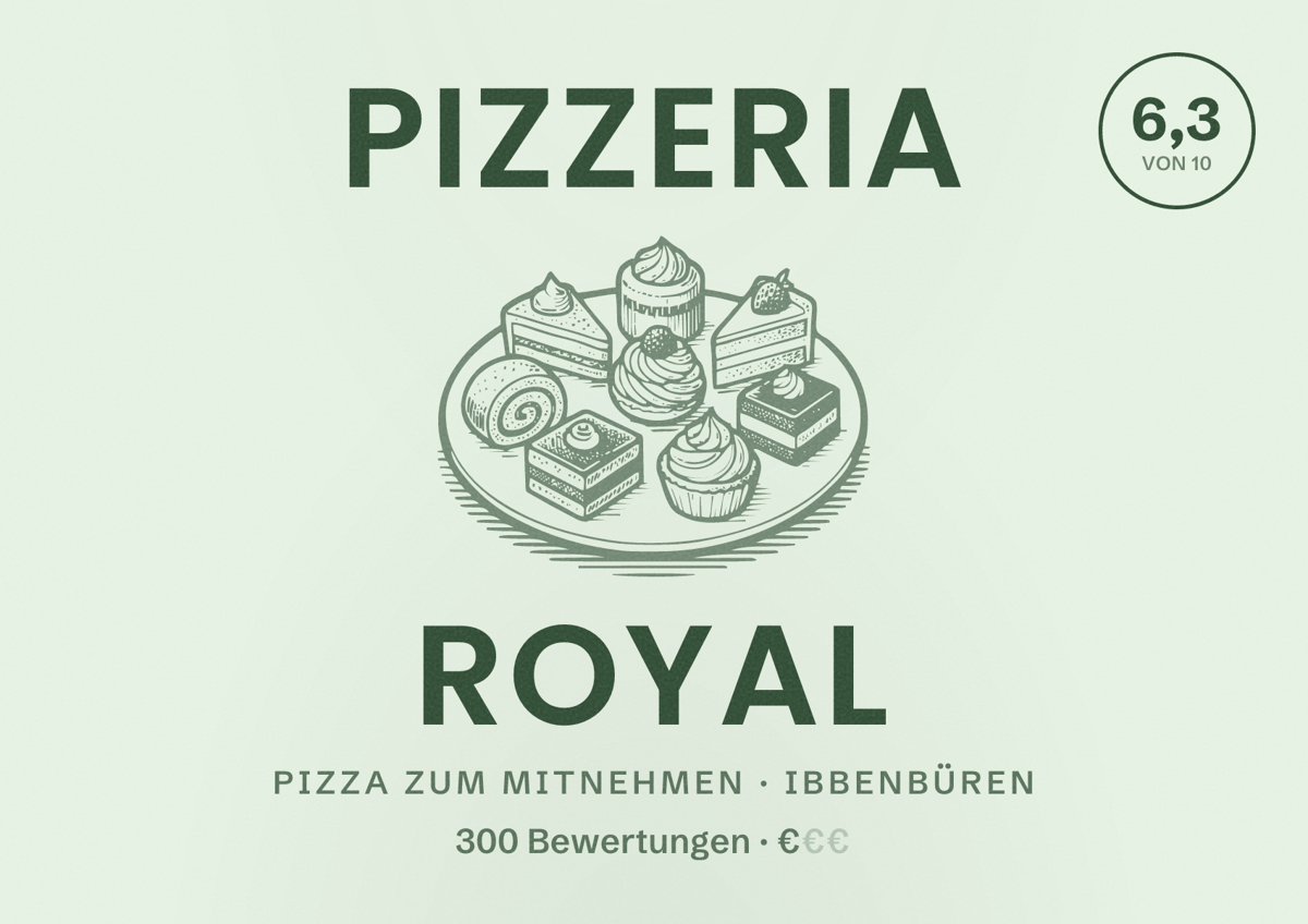Illustriertes Poster von Pizzeria Royal, Pizza zum Mitnehmen in Ibbenbüren: Bewertung 6,3 von 10 aus 300 Bewertungen, Preisniveau €