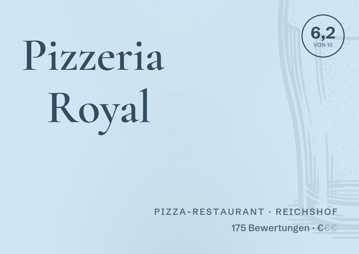 Illustriertes Poster von Pizzeria Royal, Pizza-Restaurant in Reichshof: Bewertung 6,2 von 10 aus 175 Bewertungen, Preisniveau €