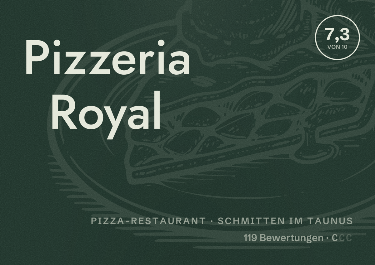 Illustriertes Poster von Pizzeria Royal, Pizza-Restaurant in Schmitten im Taunus: Bewertung 7,3 von 10 aus 119 Bewertungen, Preisniveau €