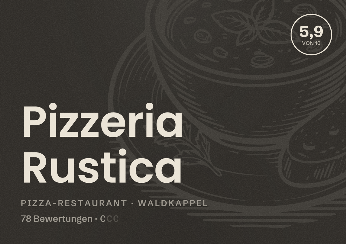 Illustriertes Poster von Pizzeria Rustica, Pizza-Restaurant in Waldkappel: Bewertung 5,9 von 10 aus 78 Bewertungen, Preisniveau €