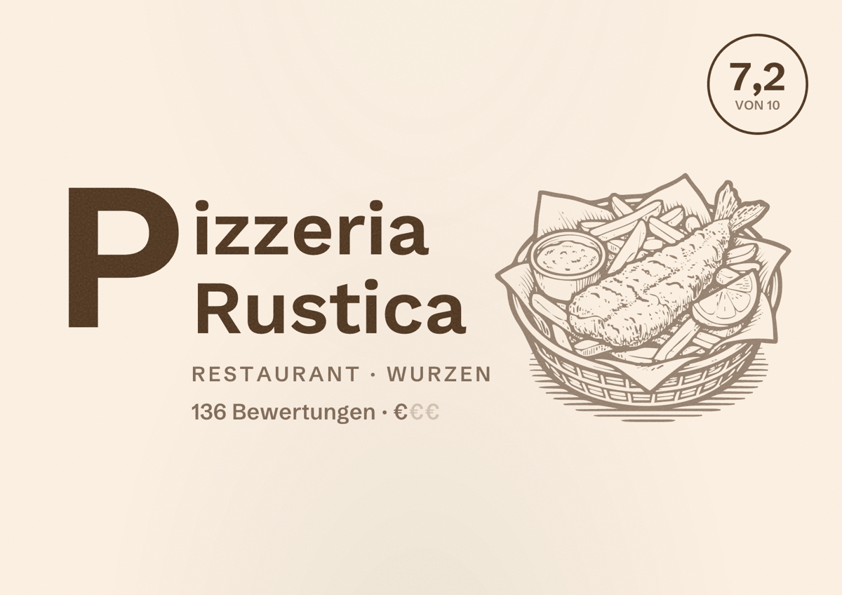 Illustriertes Poster von Pizzeria Rustica, Restaurant in Wurzen: Bewertung 7,2 von 10 aus 136 Bewertungen, Preisniveau €
