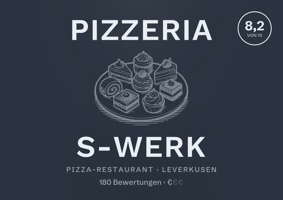 Illustriertes Poster von Pizzeria S-Werk, Pizza-Restaurant in Leverkusen: Bewertung 8,2 von 10 aus 180 Bewertungen, Preisniveau €