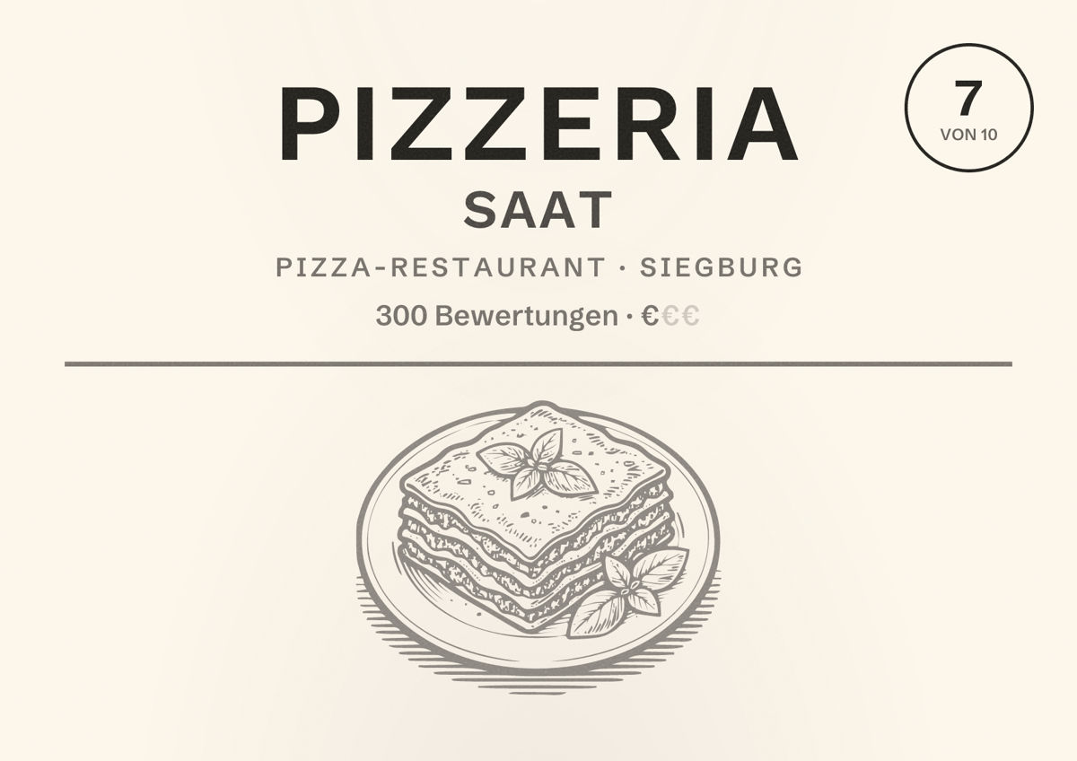 Illustriertes Poster von Pizzeria Saat, Pizza-Restaurant in Siegburg: Bewertung 7 von 10 aus 300 Bewertungen, Preisniveau €