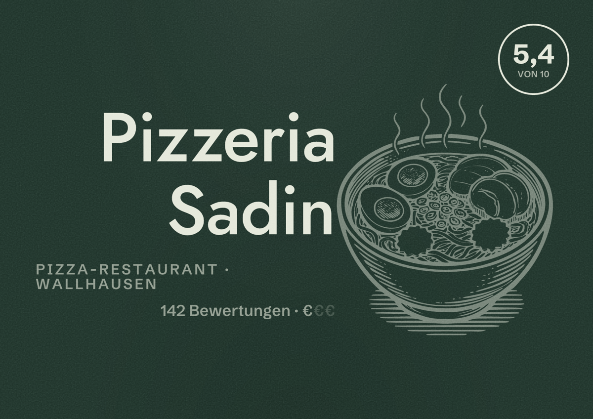 Illustriertes Poster von Pizzeria Sadin, Pizza-Restaurant in Wallhausen: Bewertung 5,4 von 10 aus 142 Bewertungen, Preisniveau €