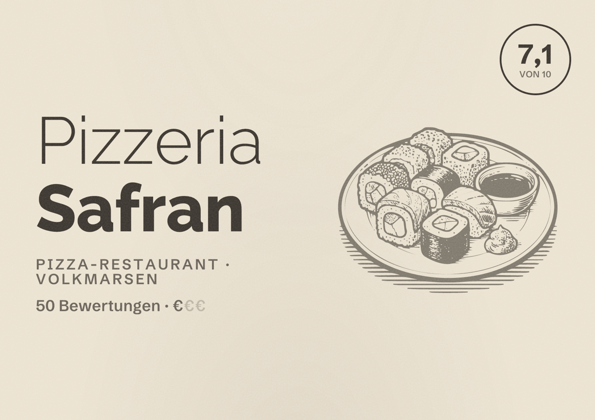 Illustriertes Poster von Pizzeria Safran, Pizza-Restaurant in Volkmarsen: Bewertung 7,1 von 10 aus 50 Bewertungen, Preisniveau €