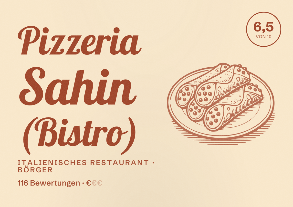 Illustriertes Poster von Pizzeria Sahin (Bistro), Italienisches Restaurant in Börger: Bewertung 6,5 von 10 aus 116 Bewertungen, Preisniveau €