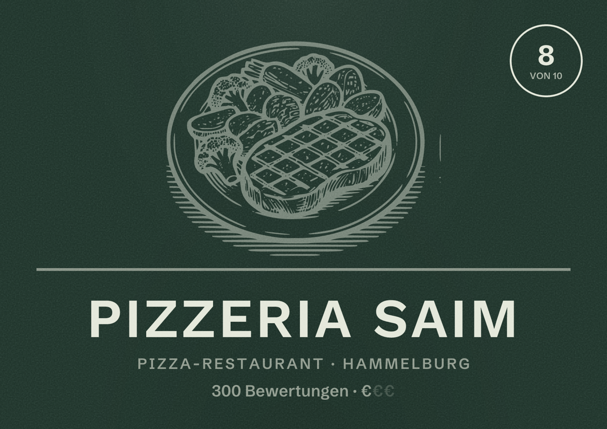 Illustriertes Poster von Pizzeria Saim, Pizza-Restaurant in Hammelburg: Bewertung 8 von 10 aus 300 Bewertungen, Preisniveau €