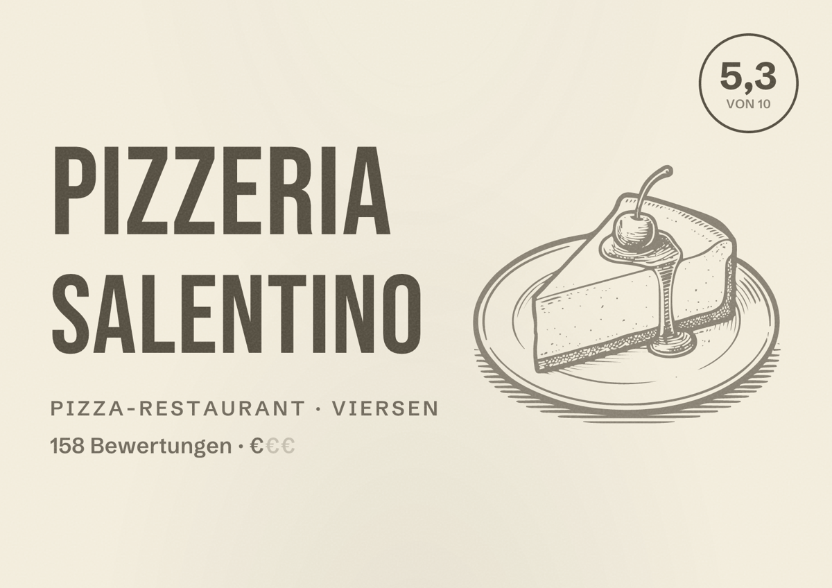 Illustriertes Poster von Pizzeria Salentino, Pizza-Restaurant in Viersen: Bewertung 5,3 von 10 aus 158 Bewertungen, Preisniveau €