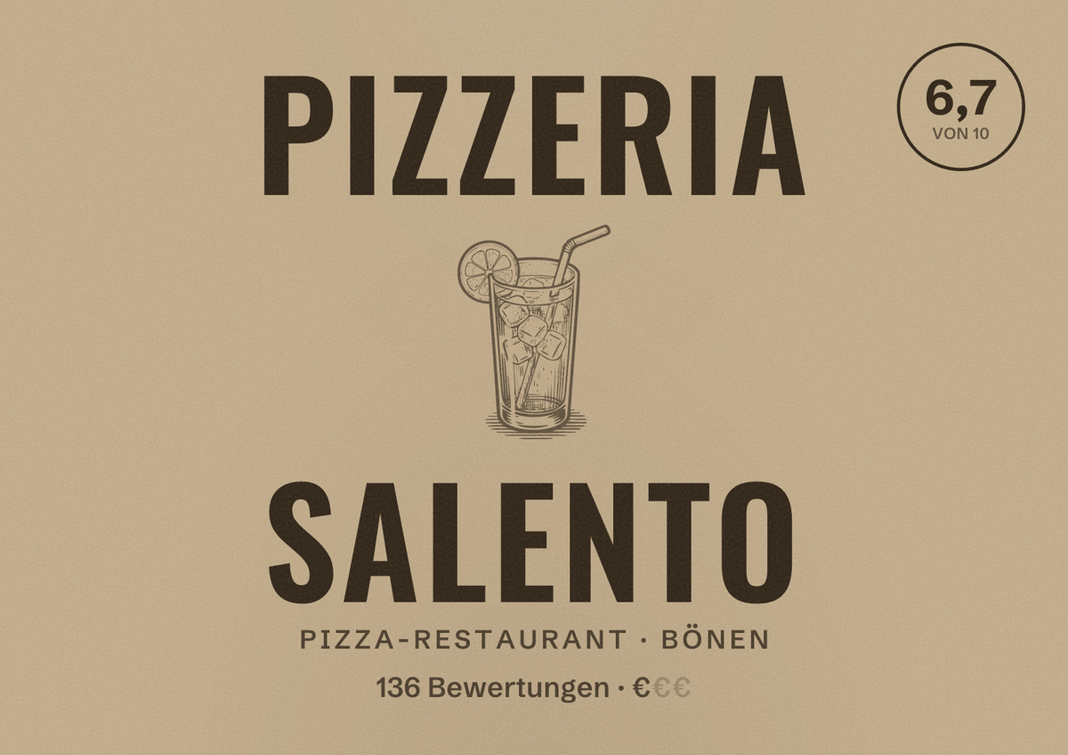 Illustriertes Poster von Pizzeria Salento, Pizza-Restaurant in Bönen: Bewertung 6,7 von 10 aus 136 Bewertungen, Preisniveau €