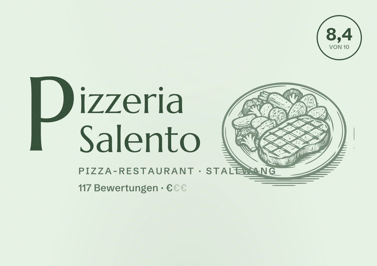 Illustriertes Poster von Pizzeria Salento, Pizza-Restaurant in Stallwang: Bewertung 8,4 von 10 aus 117 Bewertungen, Preisniveau €