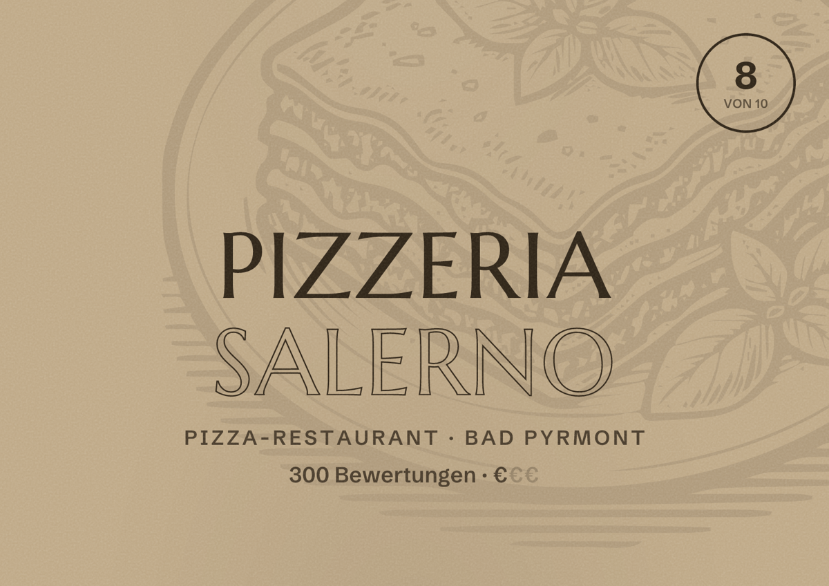 Illustriertes Poster von Pizzeria Salerno, Pizza-Restaurant in Bad Pyrmont: Bewertung 8 von 10 aus 300 Bewertungen, Preisniveau €