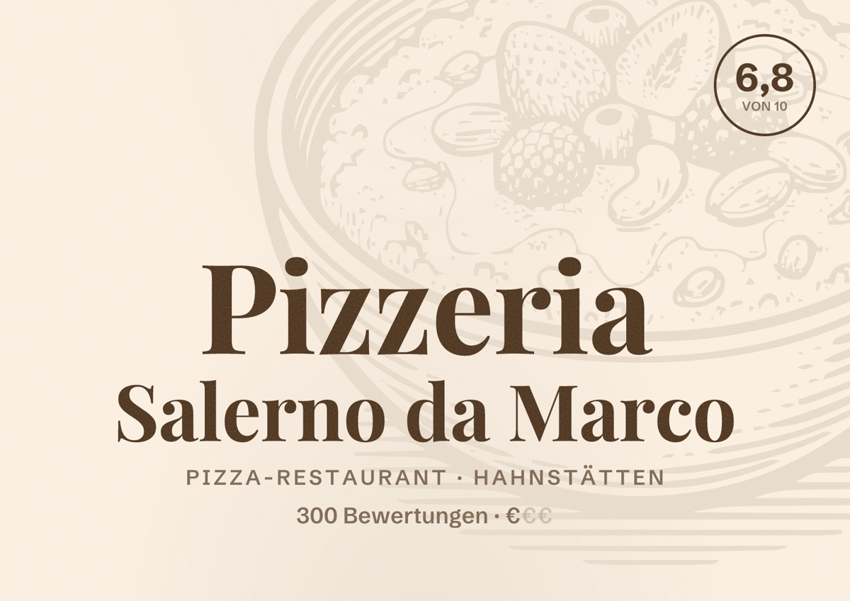 Illustriertes Poster von Pizzeria Salerno da Marco, Pizza-Restaurant in Hahnstätten: Bewertung 6,8 von 10 aus 300 Bewertungen, Preisniveau €