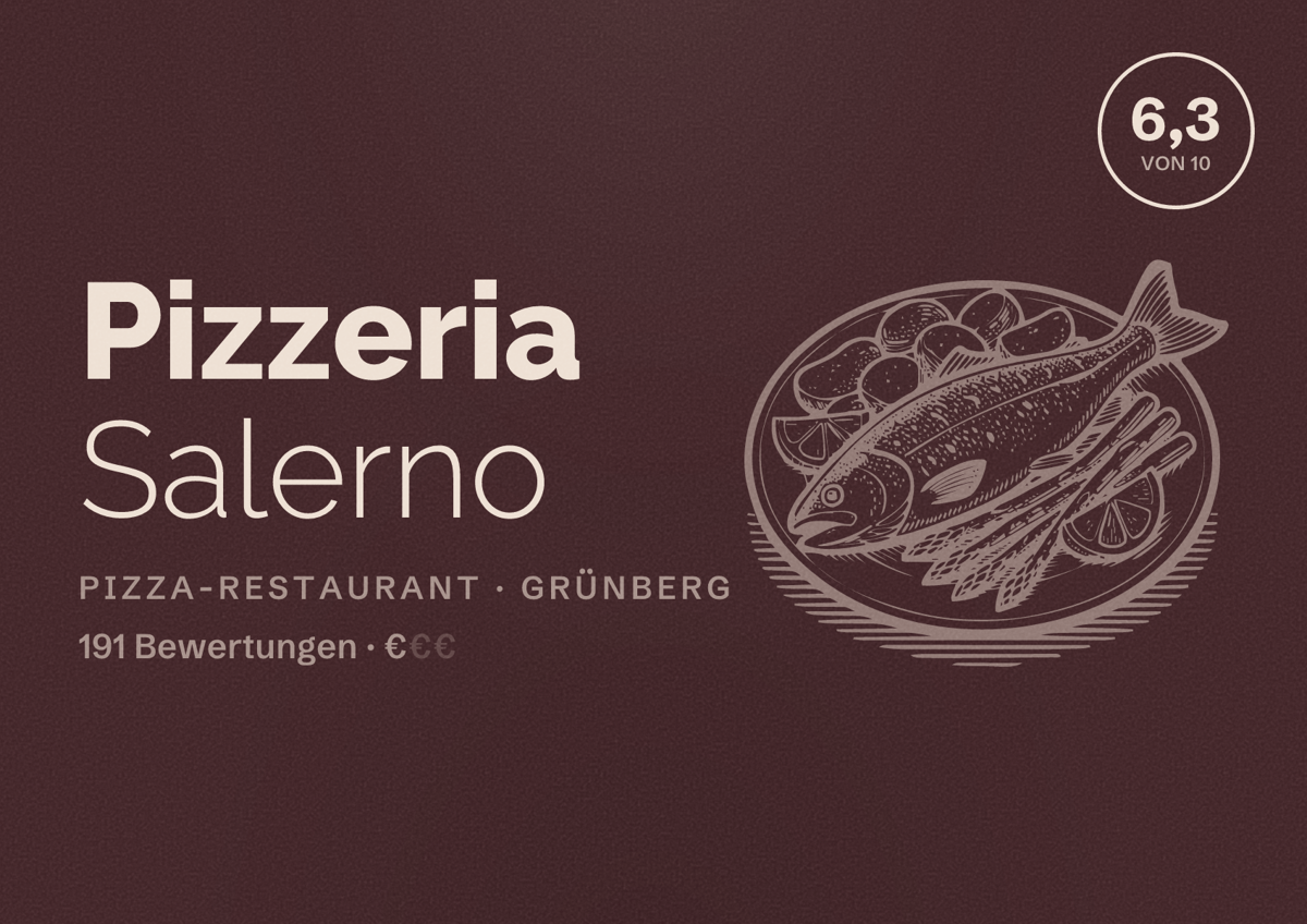 Illustriertes Poster von Pizzeria Salerno, Pizza-Restaurant in Grünberg: Bewertung 6,3 von 10 aus 191 Bewertungen, Preisniveau €