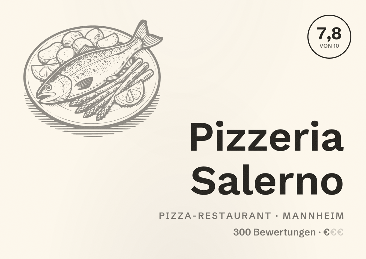 Illustriertes Poster von Pizzeria Salerno, Pizza-Restaurant in Mannheim: Bewertung 7,8 von 10 aus 300 Bewertungen, Preisniveau €