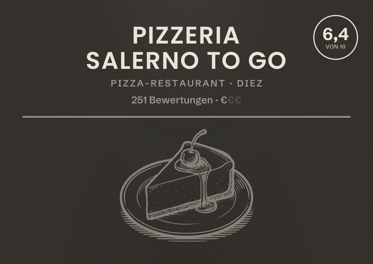 Illustriertes Poster von Pizzeria Salerno To Go, Pizza-Restaurant in Diez: Bewertung 6,4 von 10 aus 251 Bewertungen, Preisniveau €