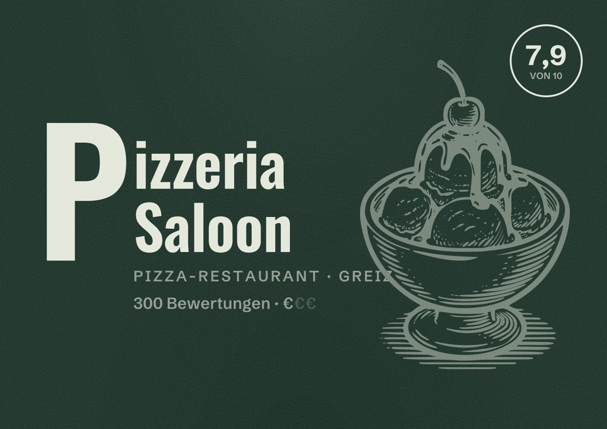 Illustriertes Poster von Pizzeria Saloon, Pizza-Restaurant in Greiz: Bewertung 7,9 von 10 aus 300 Bewertungen, Preisniveau €