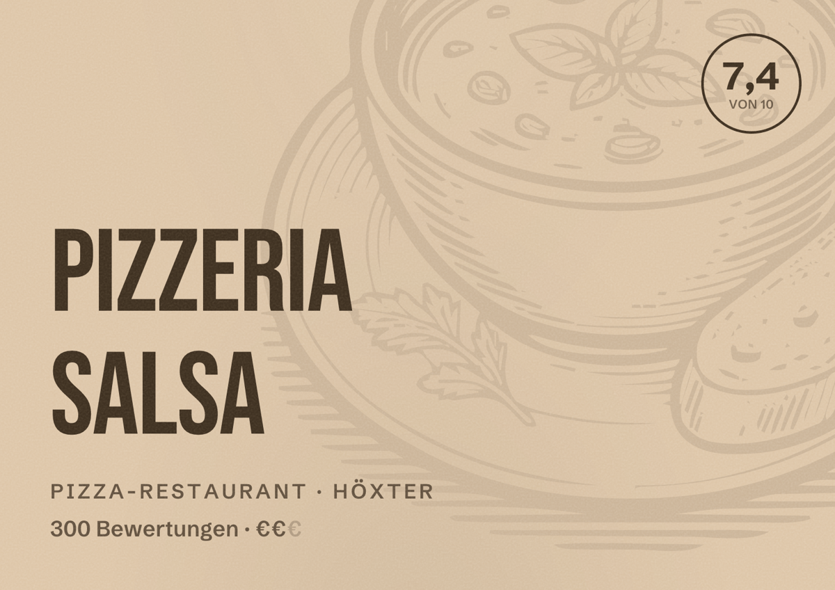 Illustriertes Poster von Pizzeria Salsa, Pizza-Restaurant in Höxter: Bewertung 7,4 von 10 aus 300 Bewertungen, Preisniveau €€