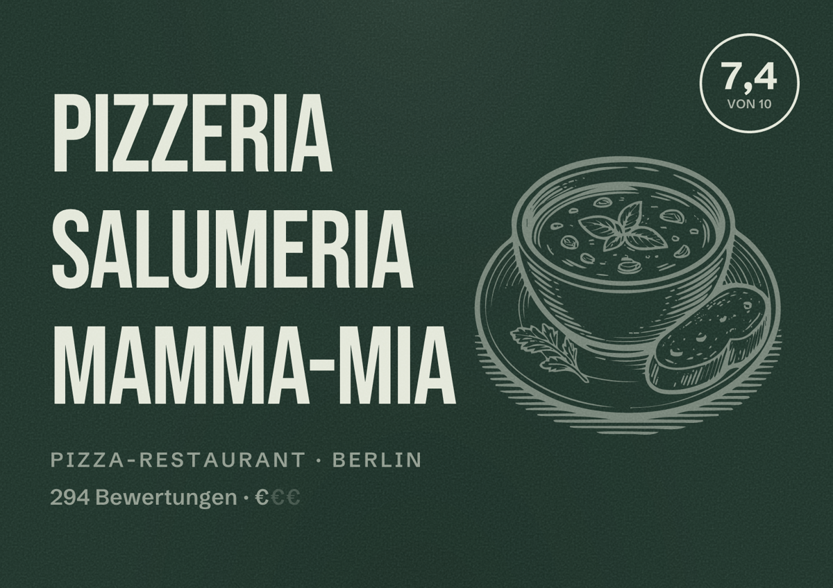 Illustriertes Poster von Pizzeria Salumeria Mamma-Mia, Pizza-Restaurant in Berlin: Bewertung 7,4 von 10 aus 294 Bewertungen, Preisniveau €