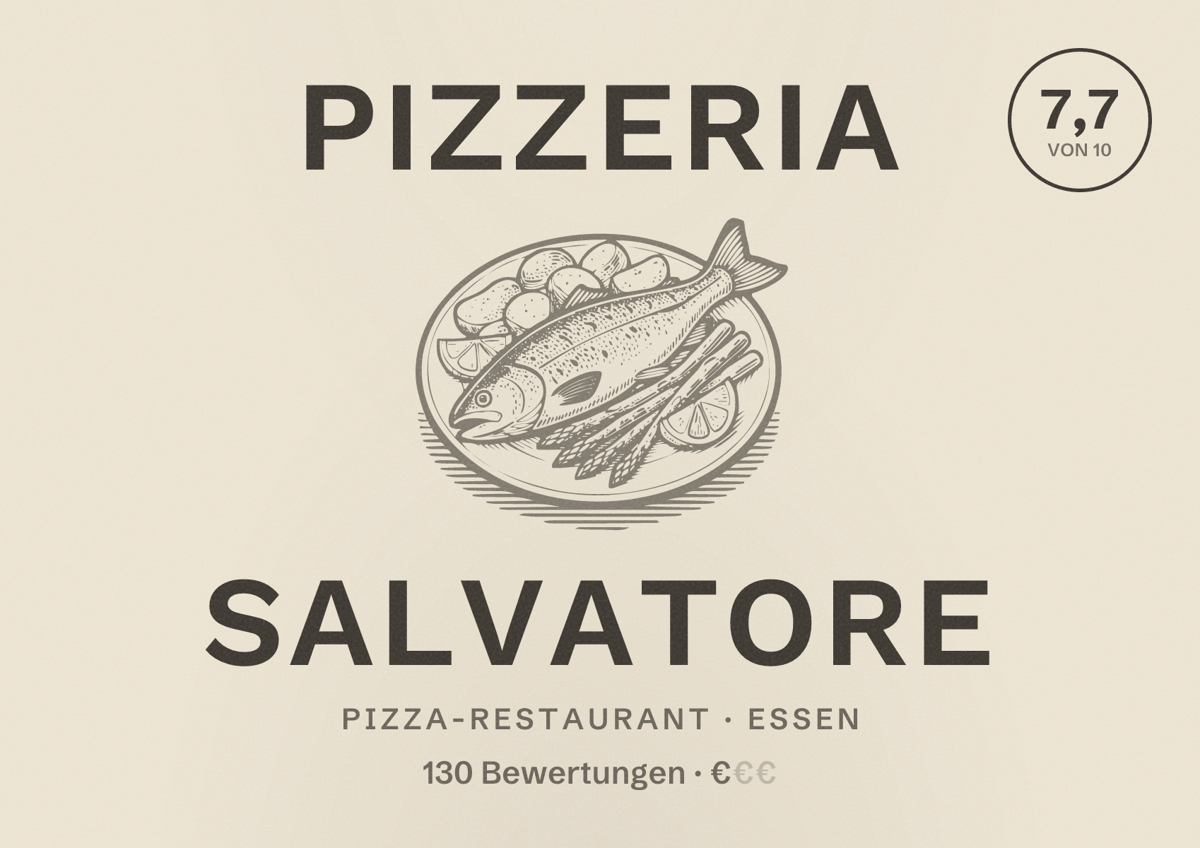 Illustriertes Poster von Pizzeria Salvatore, Pizza-Restaurant in Essen: Bewertung 7,7 von 10 aus 130 Bewertungen, Preisniveau €
