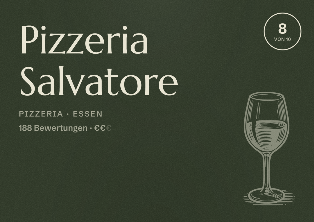 Illustriertes Poster von Pizzeria Salvatore, Pizzeria in Essen: Bewertung 8 von 10 aus 188 Bewertungen, Preisniveau €€