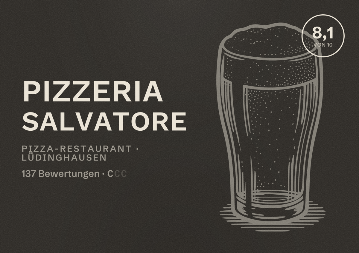 Illustriertes Poster von Pizzeria Salvatore, Pizza-Restaurant in Lüdinghausen: Bewertung 8,1 von 10 aus 137 Bewertungen, Preisniveau €