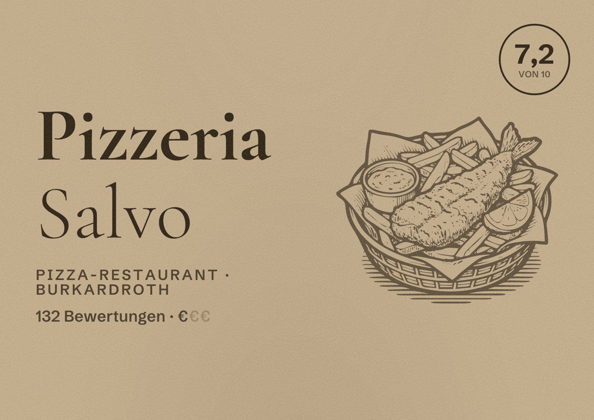 Illustriertes Poster von Pizzeria Salvo, Pizza-Restaurant in Burkardroth: Bewertung 7,2 von 10 aus 132 Bewertungen, Preisniveau €