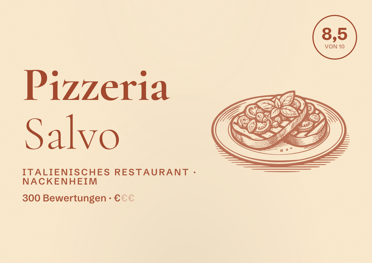 Illustriertes Poster von Pizzeria Salvo, Italienisches Restaurant in Nackenheim: Bewertung 8,5 von 10 aus 300 Bewertungen, Preisniveau €
