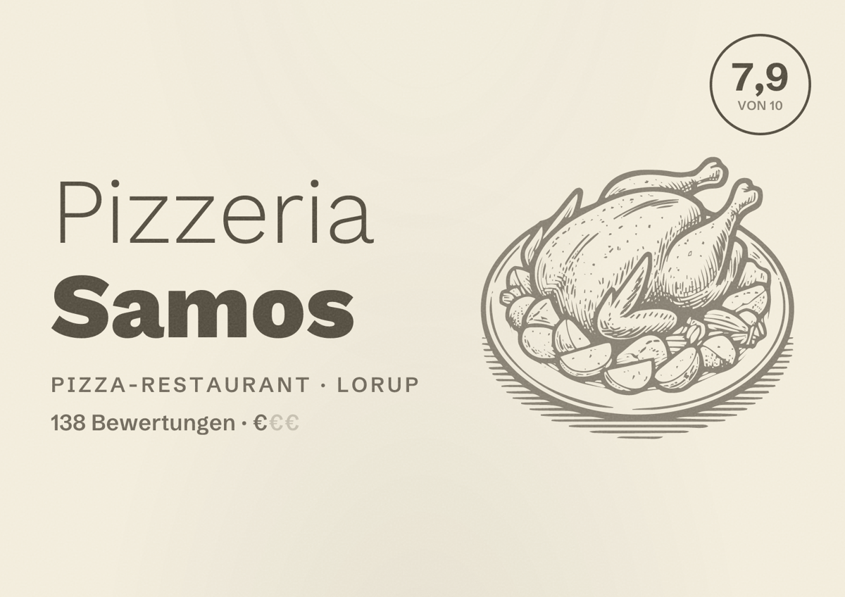 Illustriertes Poster von Pizzeria Samos, Pizza-Restaurant in Lorup: Bewertung 7,9 von 10 aus 138 Bewertungen, Preisniveau €