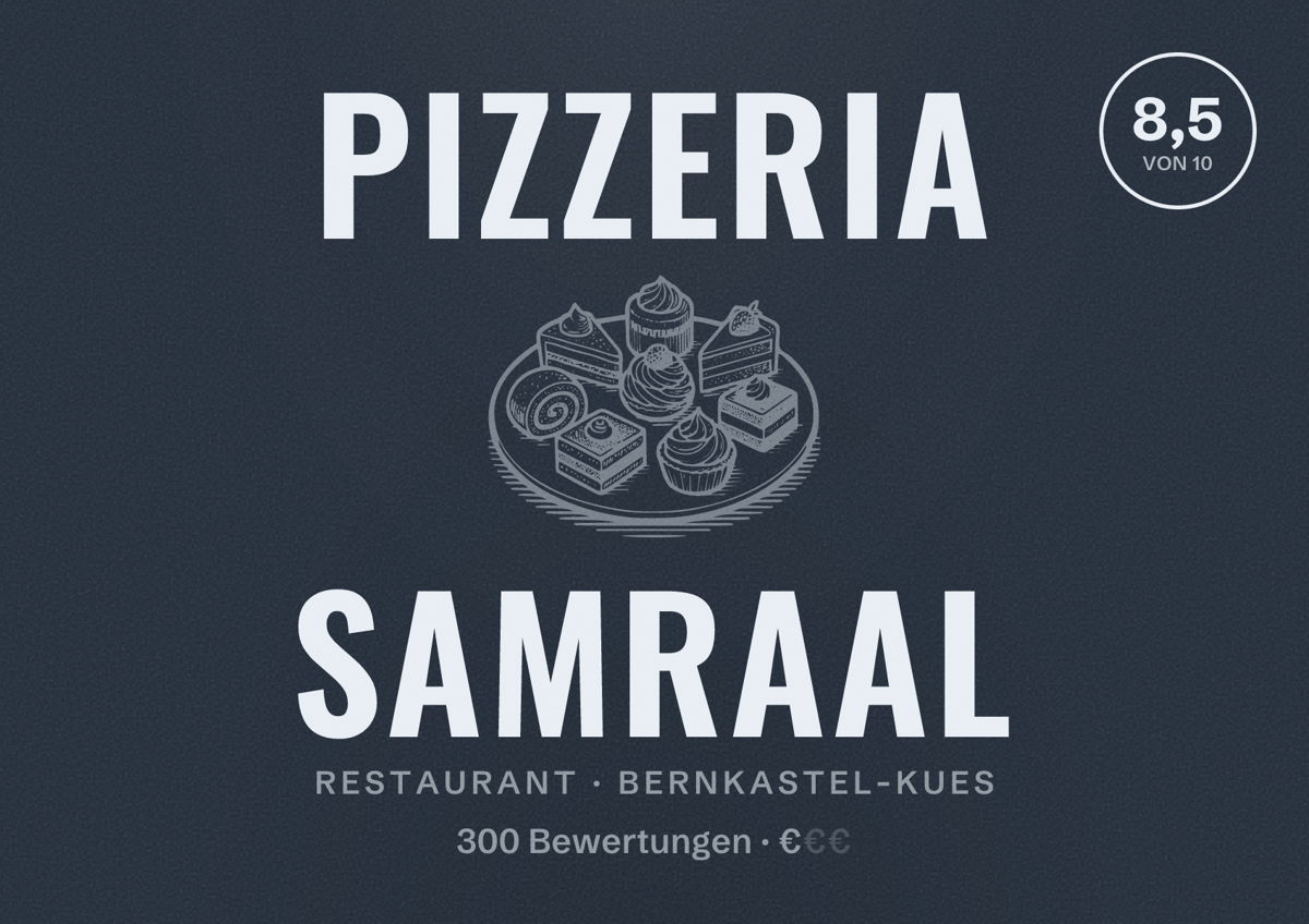 Illustriertes Poster von Pizzeria Samraal, Restaurant in Bernkastel-Kues: Bewertung 8,5 von 10 aus 300 Bewertungen, Preisniveau €