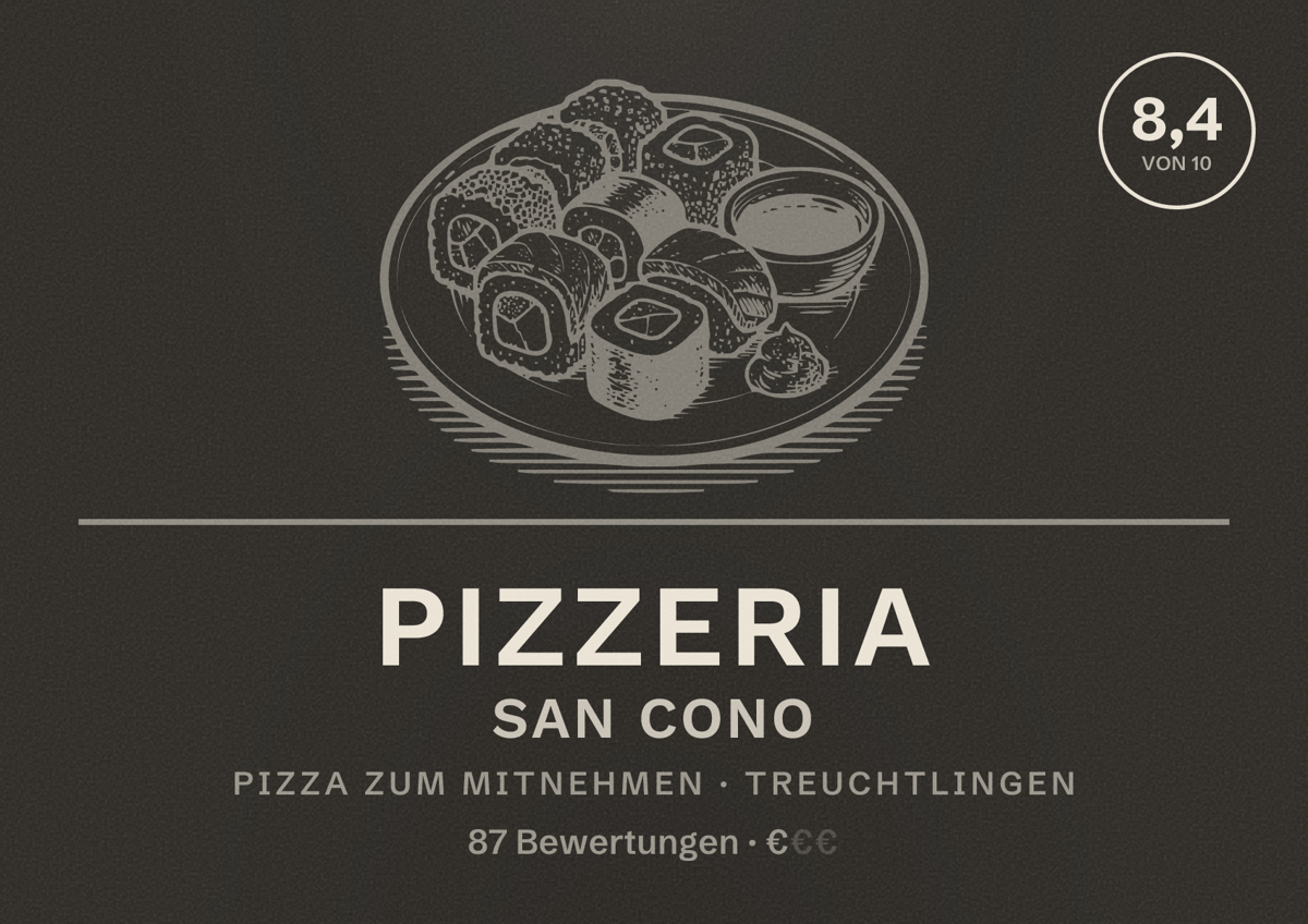 Illustriertes Poster von Pizzeria San Cono, Pizza zum Mitnehmen in Treuchtlingen: Bewertung 8,4 von 10 aus 87 Bewertungen, Preisniveau €