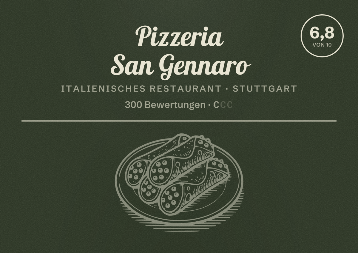 Illustriertes Poster von Pizzeria San Gennaro, Italienisches Restaurant in Stuttgart: Bewertung 6,8 von 10 aus 300 Bewertungen, Preisniveau €