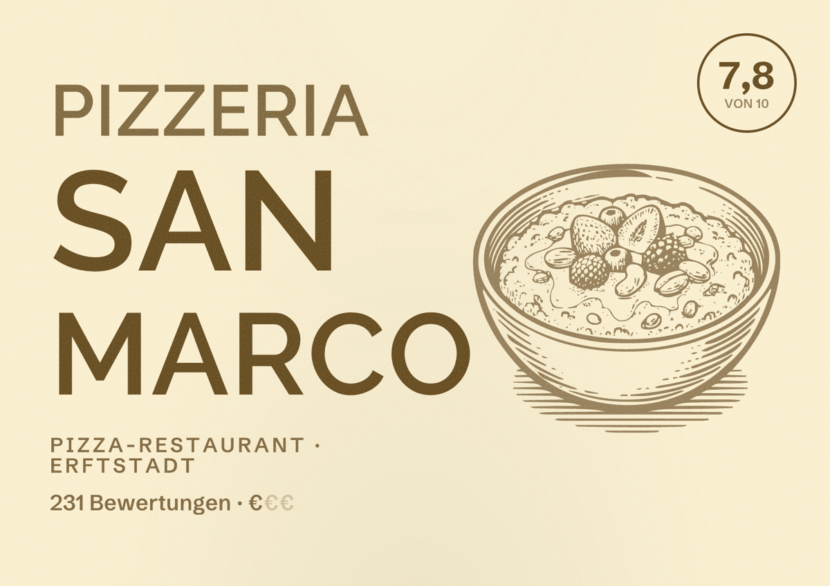 Illustriertes Poster von Pizzeria San Marco, Pizza-Restaurant in Erftstadt: Bewertung 7,8 von 10 aus 231 Bewertungen, Preisniveau €